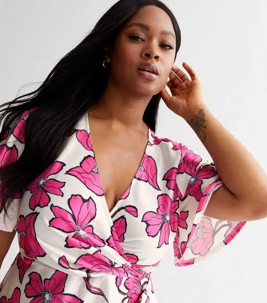 Pink Floral Satin Mock Wrap Midi Dress