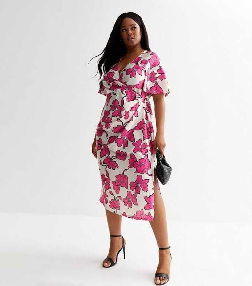 Pink Floral Satin Mock Wrap Midi Dress