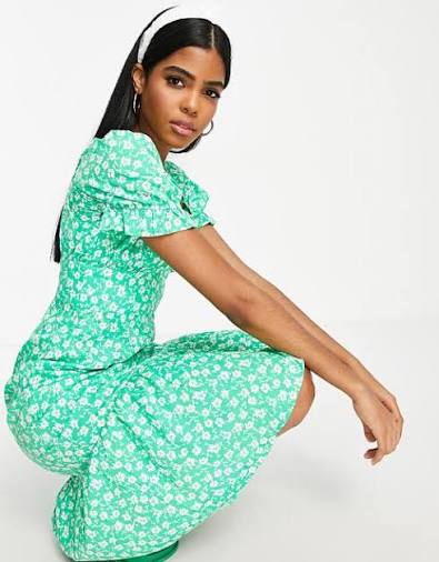 Corset Detail Midi Dress in Green Floral Print