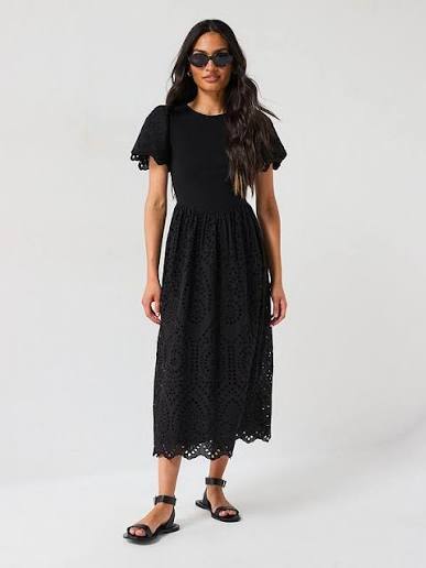 V by Very Broderie Trim Dress - Black
