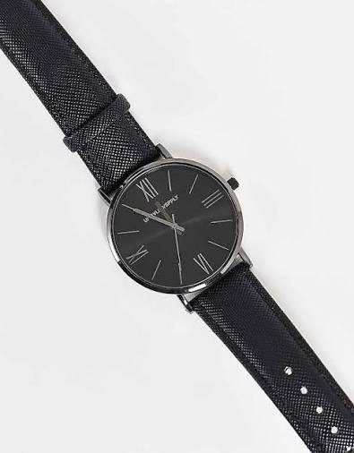 ASOS DESIGN Unisex classic watch with faux saffiano strap in black