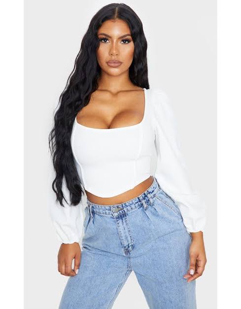 White Binding Balloon Sleeve Crop Top