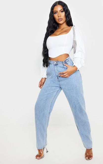 White Binding Balloon Sleeve Crop Top