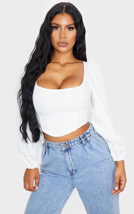 White Binding Balloon Sleeve Crop Top