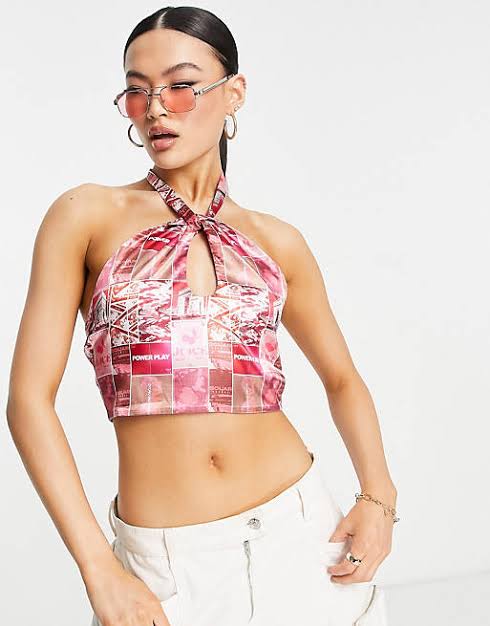 Peekaboo Halter Neck Satin Top in Graphic Print