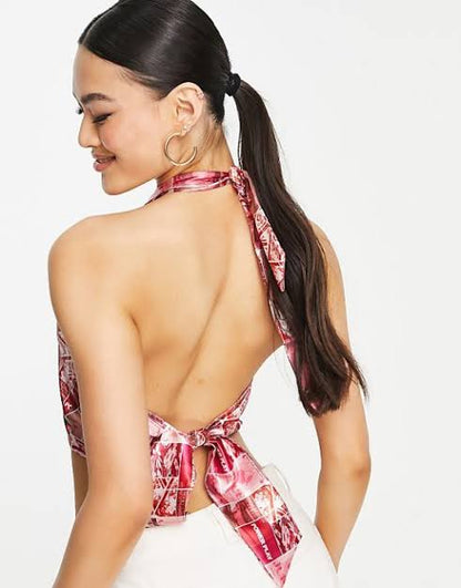 Peekaboo Halter Neck Satin Top in Graphic Print