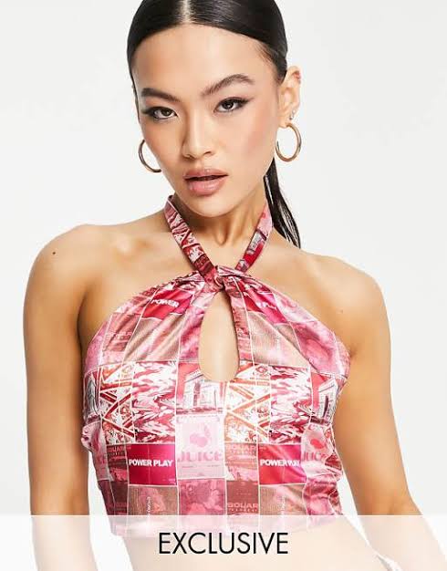 Peekaboo Halter Neck Satin Top in Graphic Print