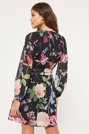 Black Print Long Sleeve Round Neck Belted Shift Summer Dress