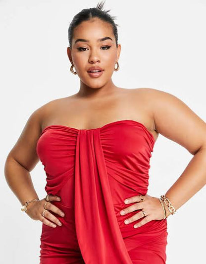 Plus bandeau midi dress in red drape