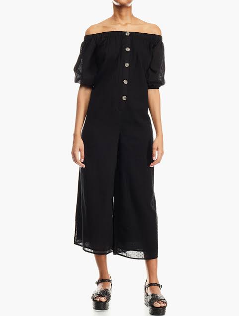 Off Shoulder Button Front Dobby Jumpsuit