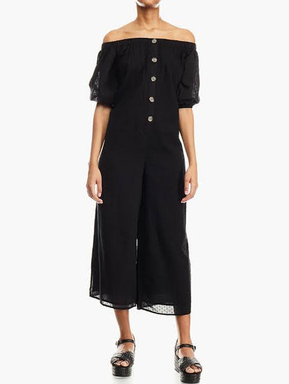 Off Shoulder Button Front Dobby Jumpsuit