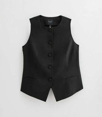 Crew Neck Linen Blend Waistcoat Black