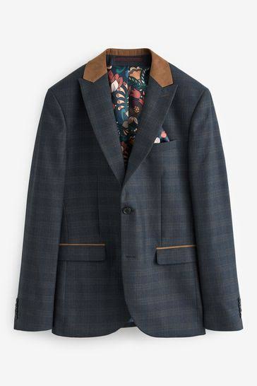 Blue Trimmed Check Suit Jacket