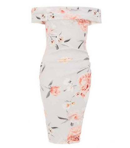 Grey Floral Bardot Dress