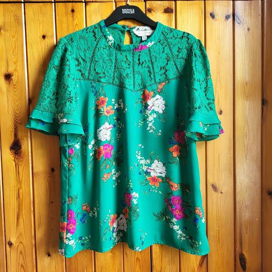Lace Mix Yoke High Neck Ruffle Sleeve Top Green