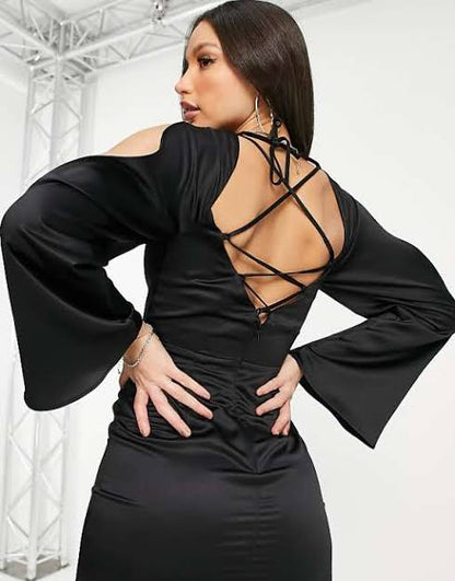 Tall satin flute sleeve mini dress in black
