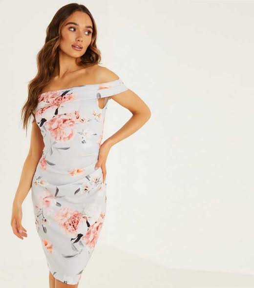 Grey Floral Bardot Dress