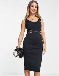 Sleeveless Midi Dress Hardwear Detailing in Black