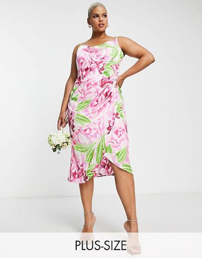 Floral Print Satin Wrap Midi Dress