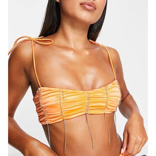 Diamante Trim Tie Shouder Bikini Top In Orange