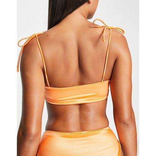 Diamante Trim Tie Shouder Bikini Top In Orange