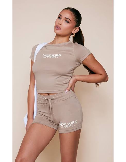 Taupe Slogan Puff Print Hot Pants
