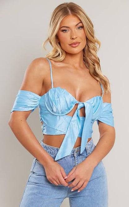 Dusty Blue Satin Bow Ruched Bust Bardot Bralet