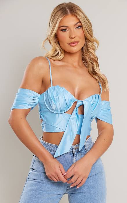 Dusty Blue Satin Bow Ruched Bust Bardot Bralet