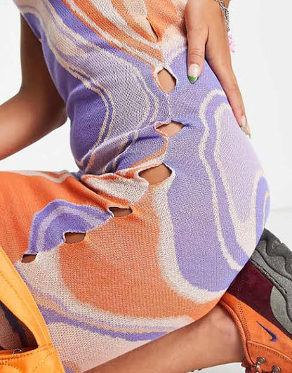 Knitted Bandeau Dress with Cut Out Jacquard Print