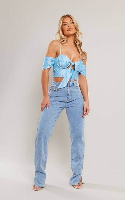 Dusty Blue Satin Bow Ruched Bust Bardot Bralet