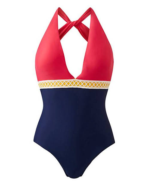 Pink and navy crossback swimsuit with yellow trim