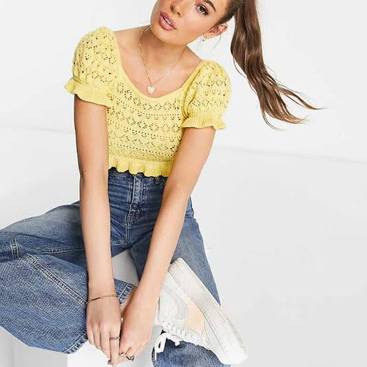 Open Stitch Pointelle Knit Square Neck Short Sleeve Frill Hem Top Yellow.