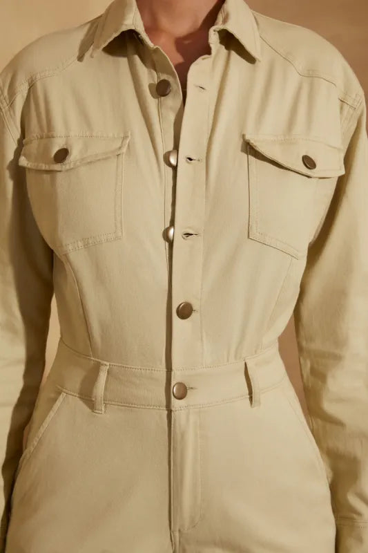 Wide Leg Long Sleeve Cargo Jumpsuit in Sage