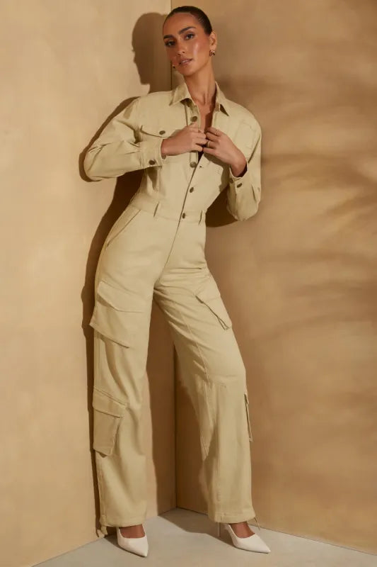 Wide Leg Long Sleeve Cargo Jumpsuit in Sage