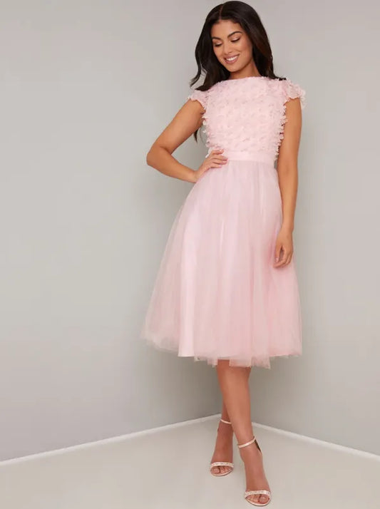 Marinela Floral Appliqué Party Dress In Pink