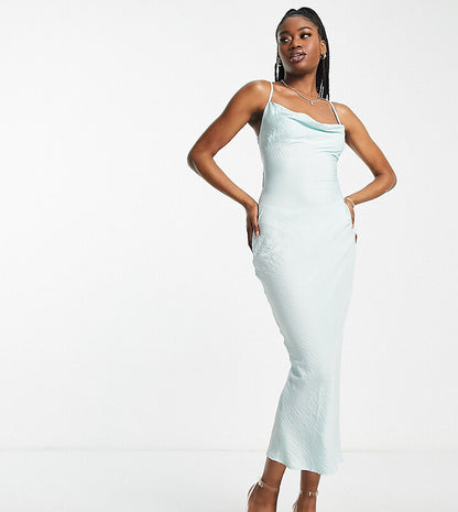 Satin Cowl Neck Midi Dress in Sage Green
