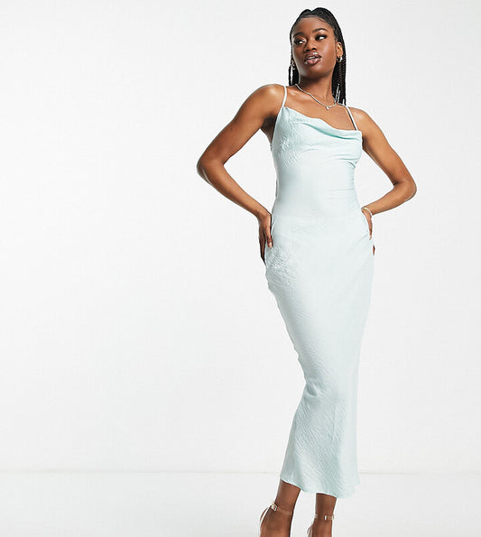 Satin Cowl Neck Midi Dress in Sage Green