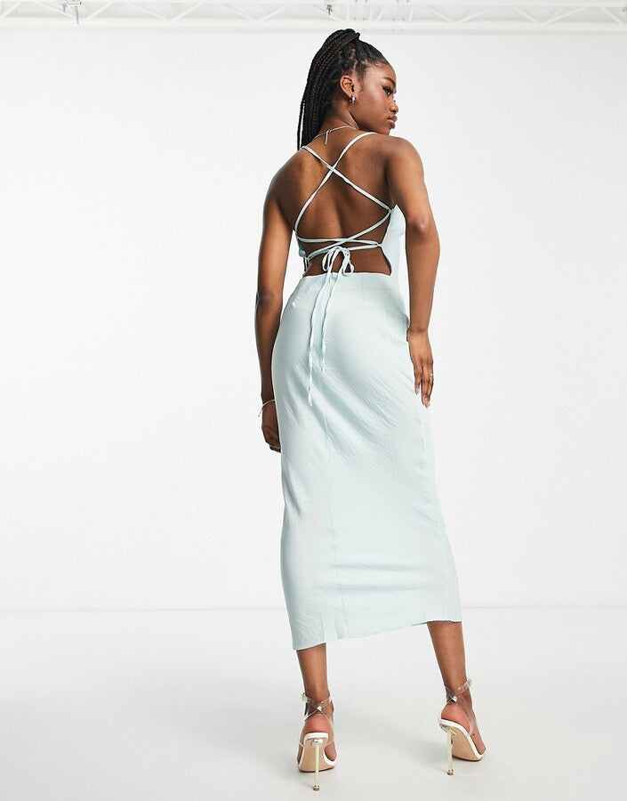 Satin Cowl Neck Midi Dress in Sage Green