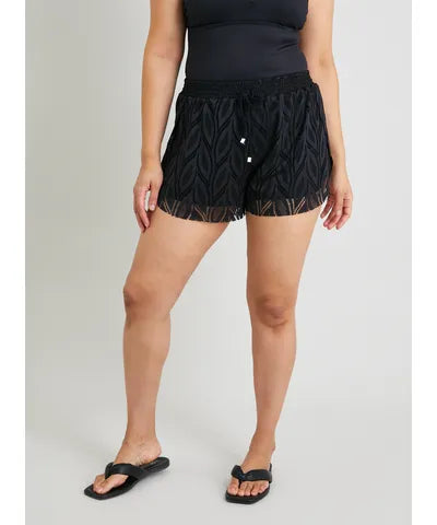 Black Stretch Floral Lace Swim Short