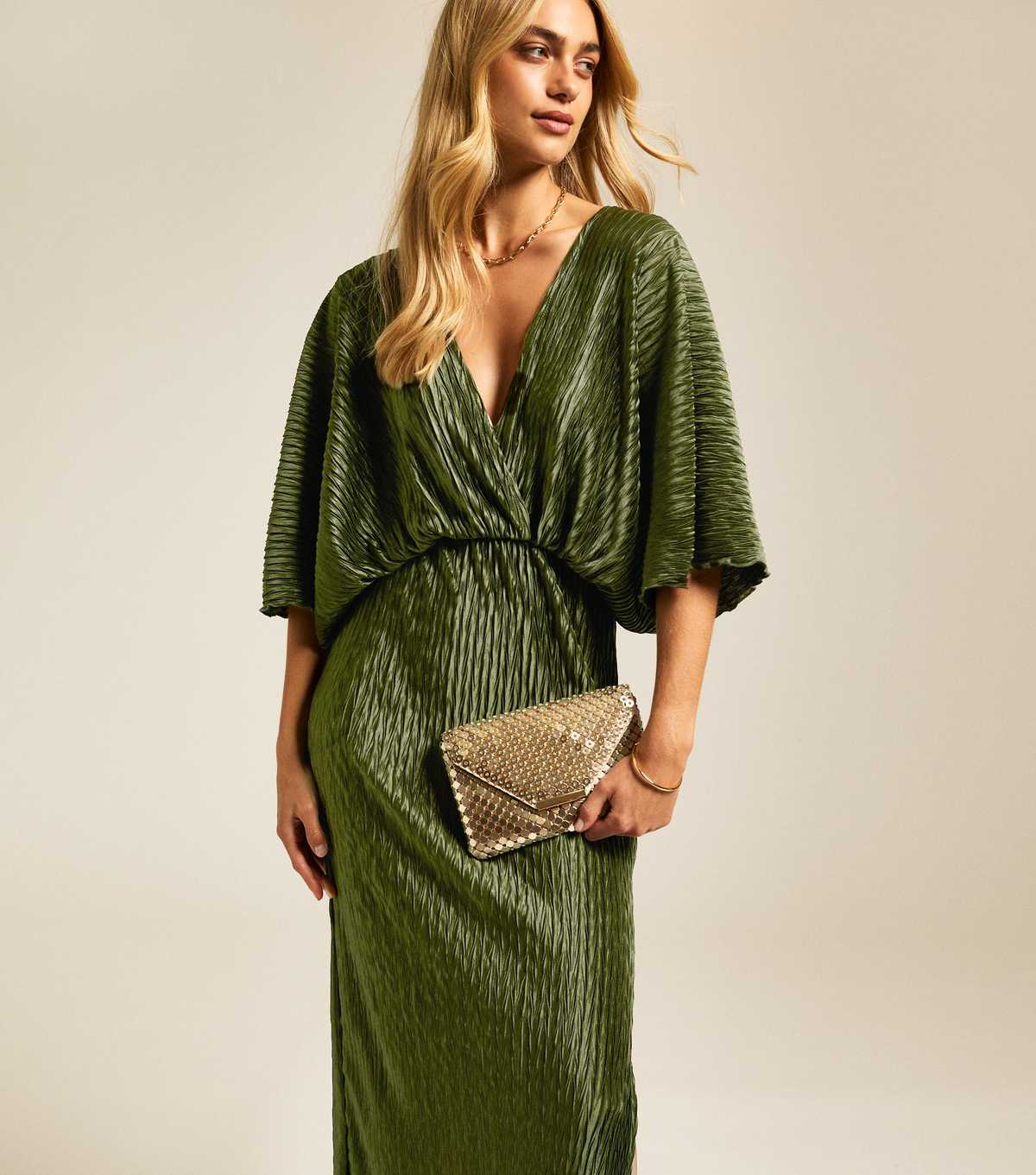 Khaki Metallic Textured Batwing Sleeve Midi Dress