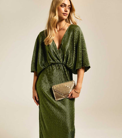 Khaki Metallic Textured Batwing Sleeve Midi Dress