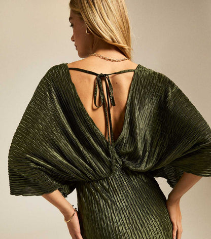 Khaki Metallic Textured Batwing Sleeve Midi Dress