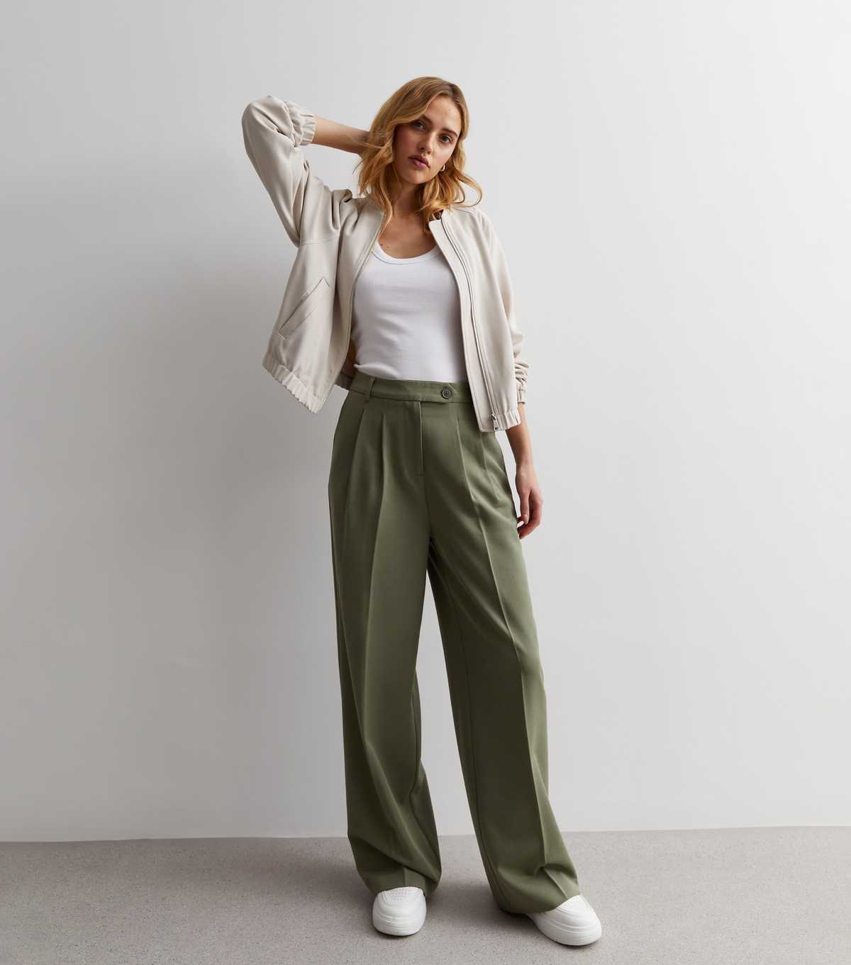 Khaki Wide Leg Tailored Trousers
