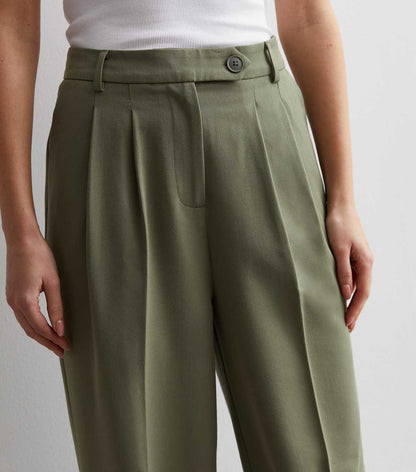 Khaki Wide Leg Tailored Trousers