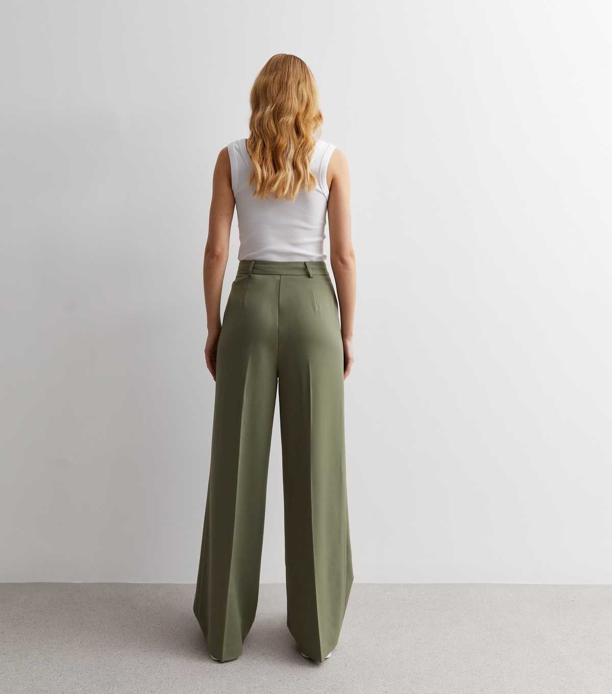 Khaki Wide Leg Tailored Trousers