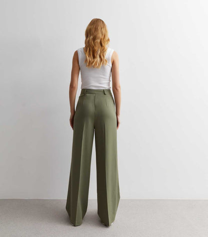 Khaki Wide Leg Tailored Trousers
