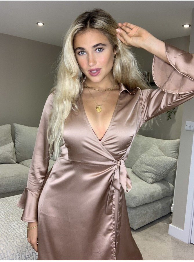 Koen Taupe Satin Wrap Mini Dress