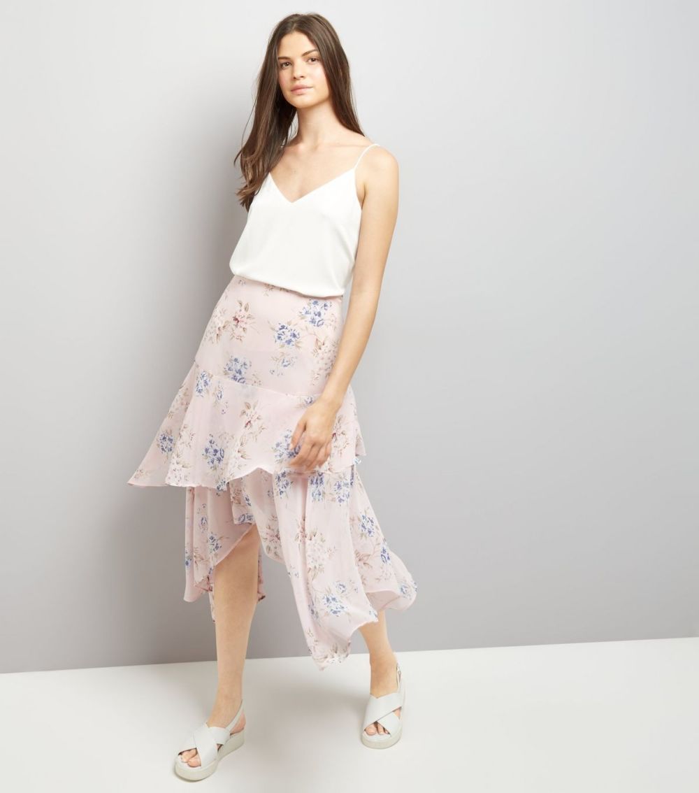 Pink Floral Print Hanky Hem Tiered Midi Skirt