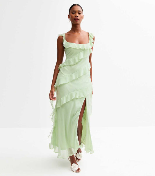 Light Green Asymmetric Ruffled Slit Hem Chiffon Midi Dress