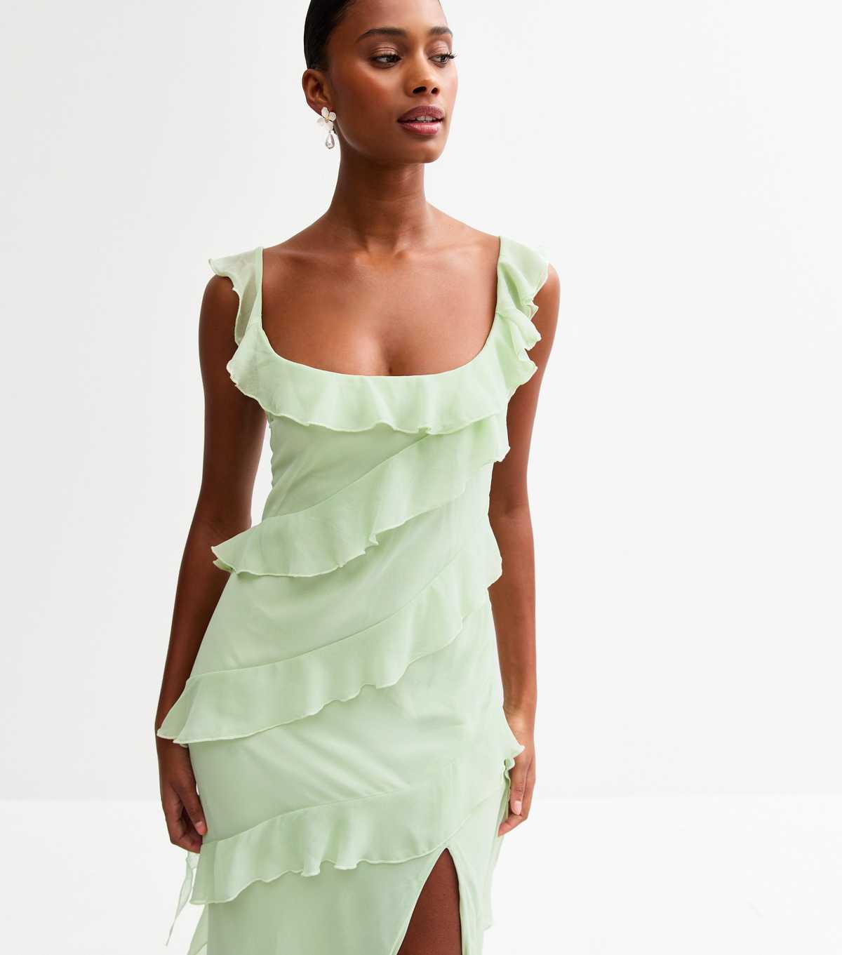Light Green Asymmetric Ruffled Slit Hem Chiffon Midi Dress